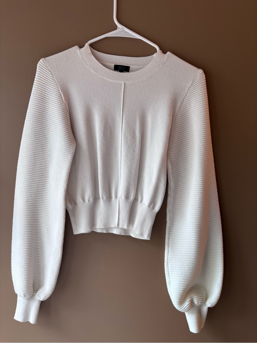 debut White Ribbed Crewneck Sweater with Balloon Sleeves